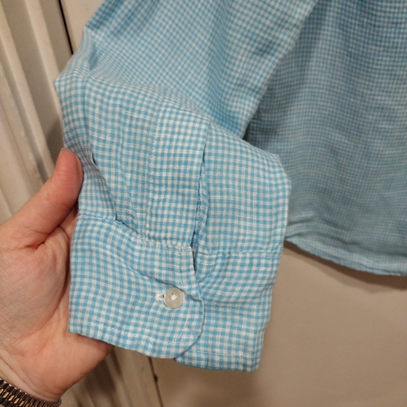 Frank & Eileen Women's Linen Blue Gingham Check Button Down Shirt Sz M-Beach - Picture 8 of 8